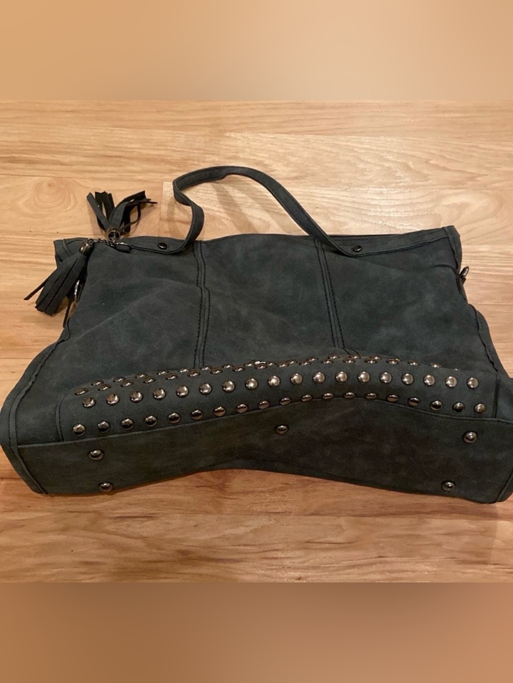 Studded Suede Tote Bag - Dark Gray. Smooth Leather